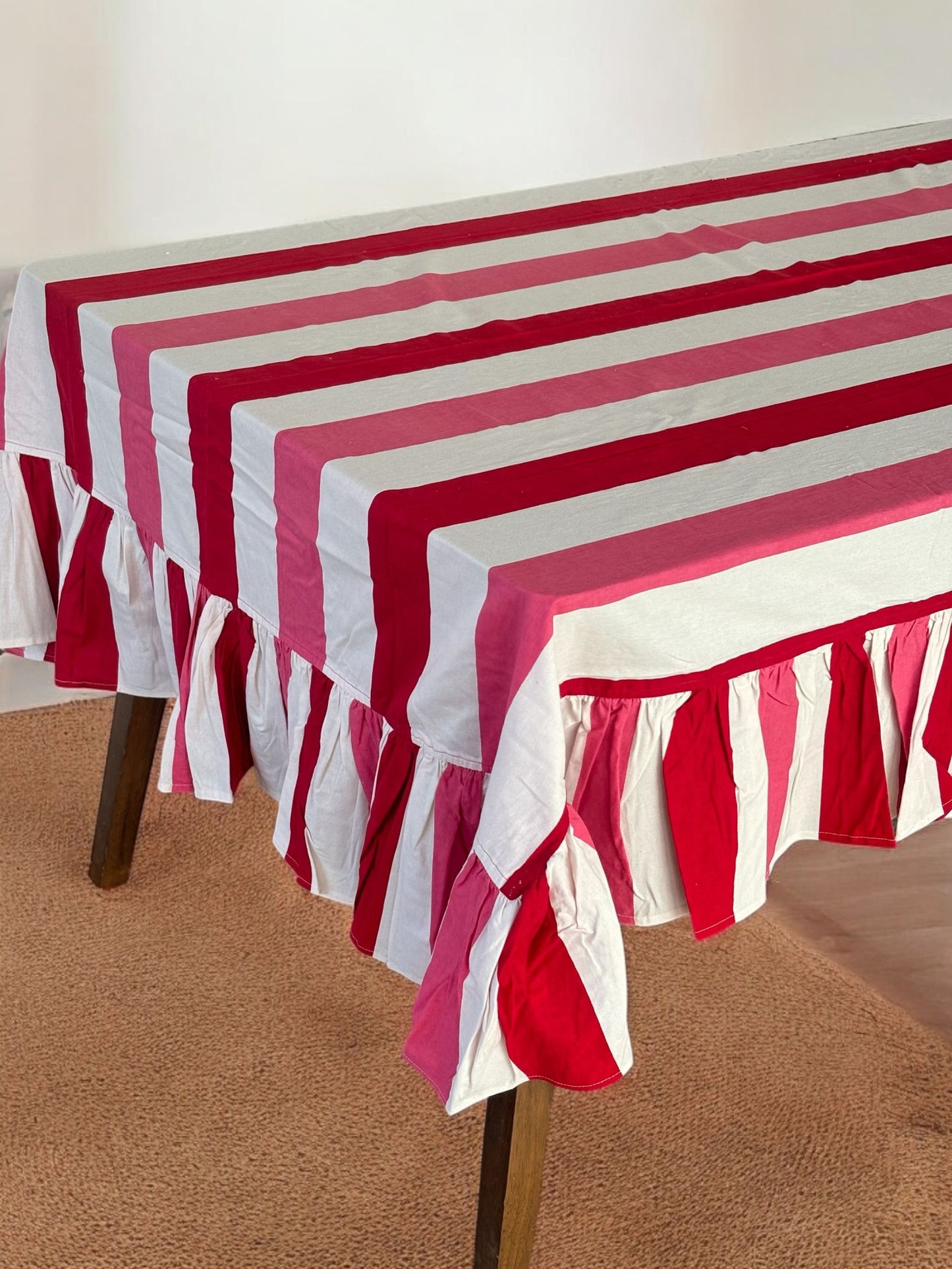 Striped Ruffled Tablecloth Red White Pink