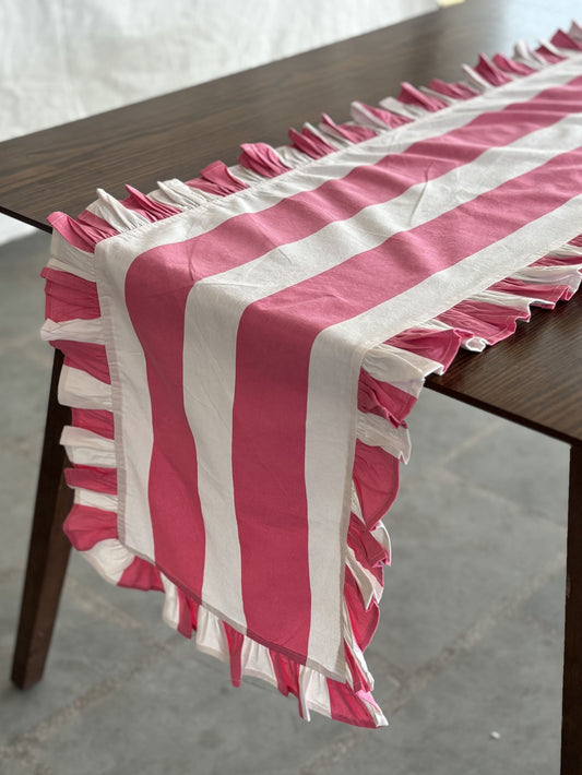 Pink Stripe Table Runner With Ruffles