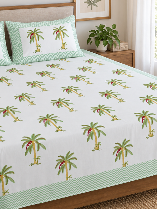 Green Palm Block Print Bedsheet