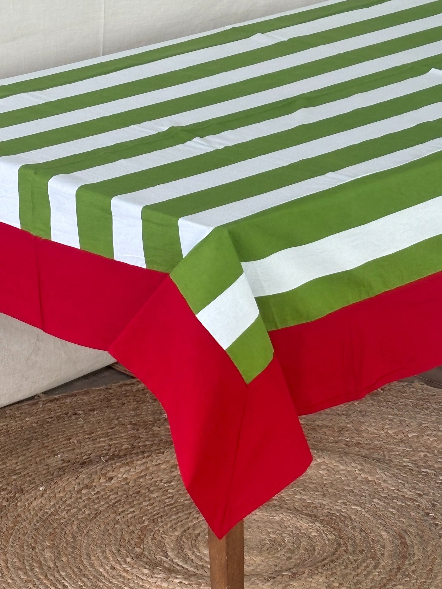 Striped Rectangular Tablecloth Green & White Dining Table Cover for Home Decor