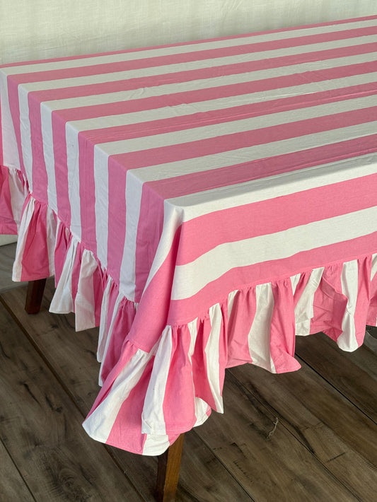 Pink & White, tablecloth with ruffles Hand block Printing cotton cloth Festive tablecloth Special occasion dinner  tablecloth,