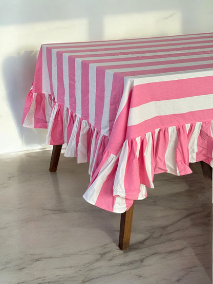Pink & White, tablecloth with ruffles Hand block Printing cotton cloth Festive tablecloth Special occasion dinner  tablecloth,