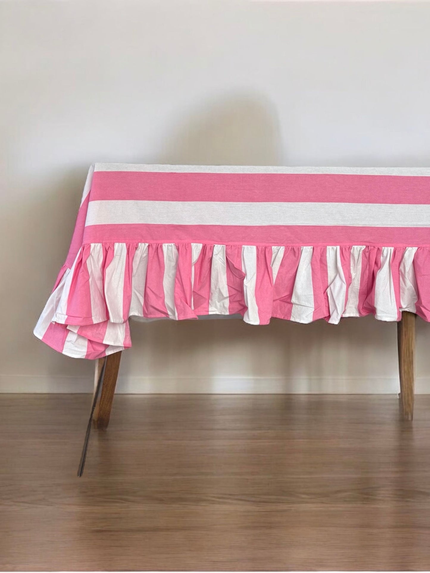 Pink & White, tablecloth with ruffles Hand block Printing cotton cloth Festive tablecloth Special occasion dinner  tablecloth,