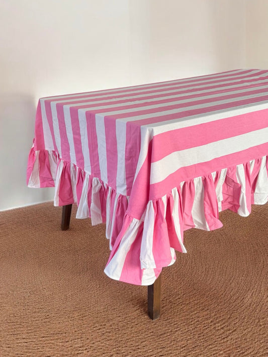 Pink & White, tablecloth with ruffles Hand block Printing cotton cloth Festive tablecloth Special occasion dinner  tablecloth,