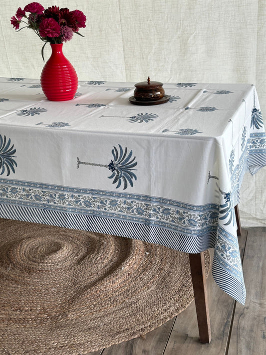 Indian Block Print Tablecloth, Blue & White Cotton Floral Dining Table Cove