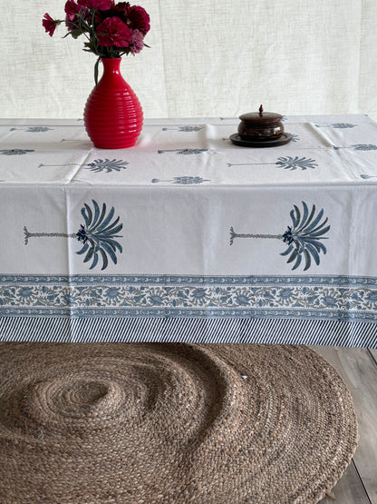 Indian Block Print Tablecloth, Blue & White Cotton Floral Dining Table Cove