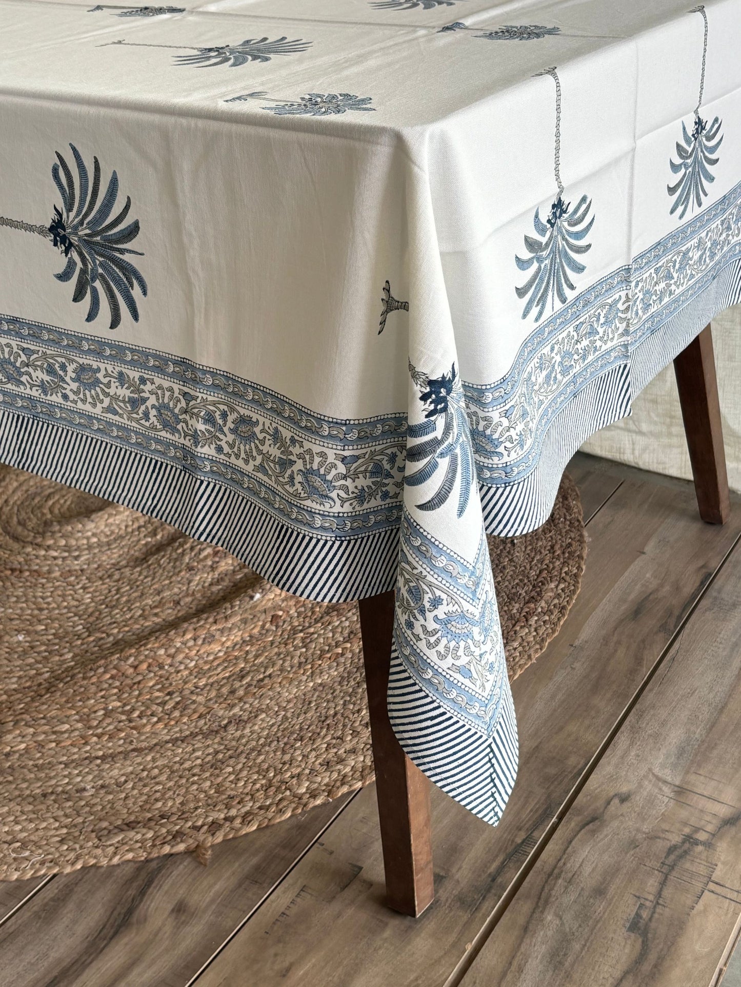 Indian Block Print Tablecloth, Blue & White Cotton Floral Dining Table Cove