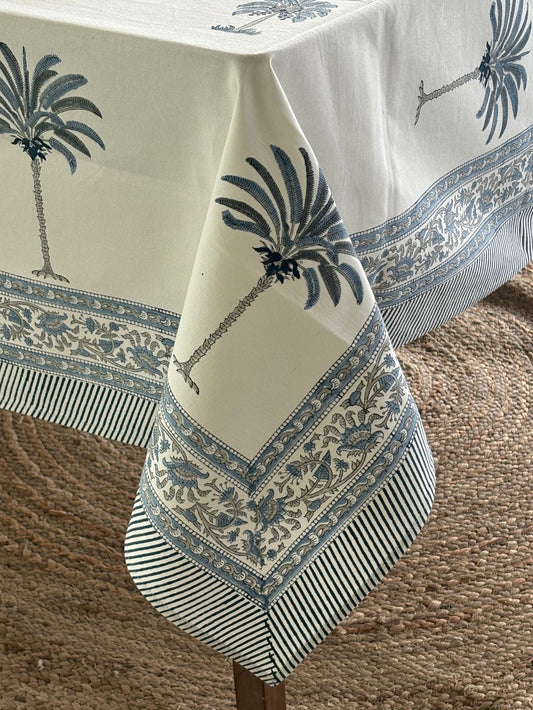 Indian Block Print Tablecloth, Blue & White Cotton Floral Dining Table Cove