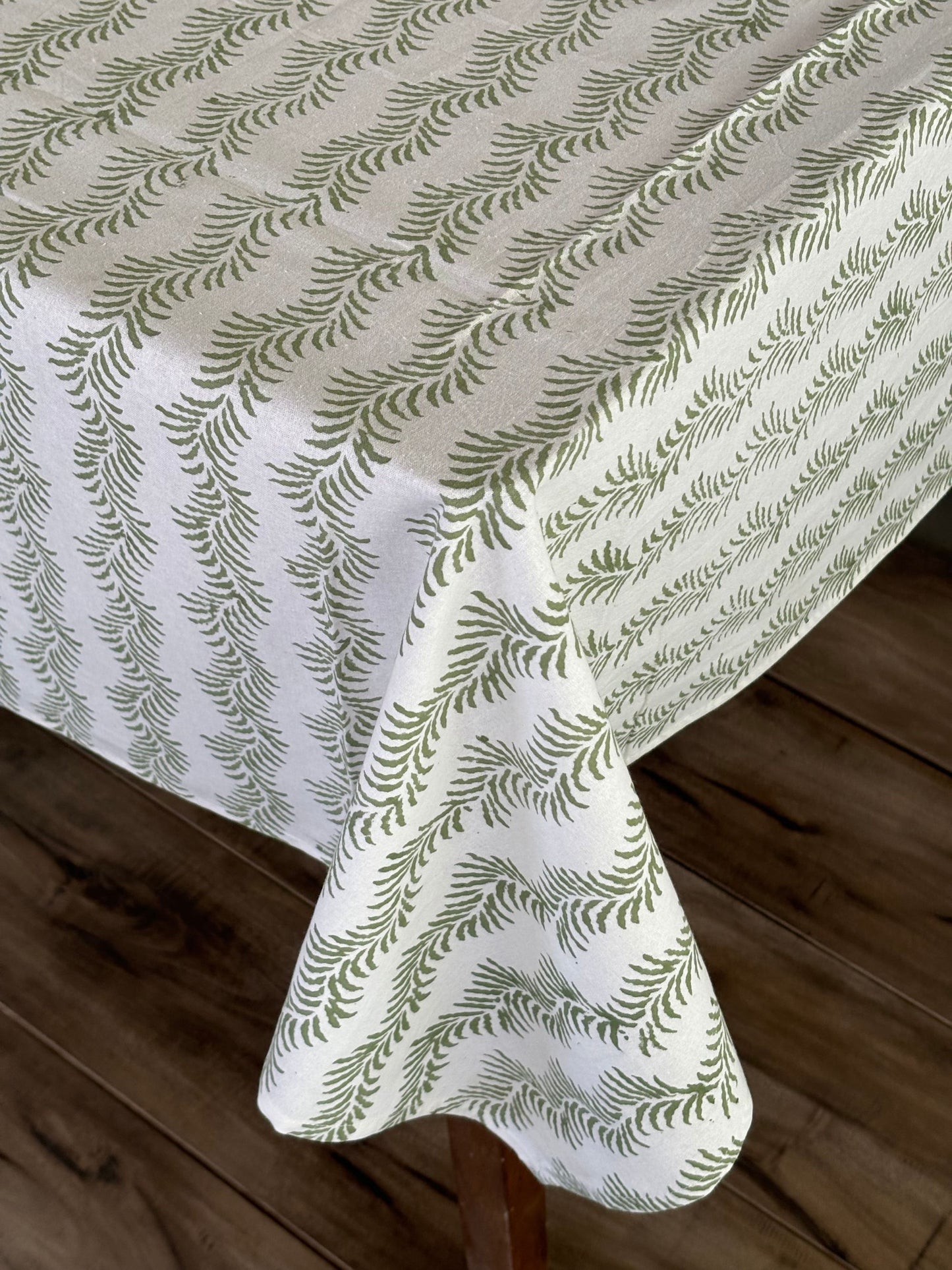 Cotton Block Print Tablecloth, Green, Handmade Vintage Tablecloth, Floral French Table Cover