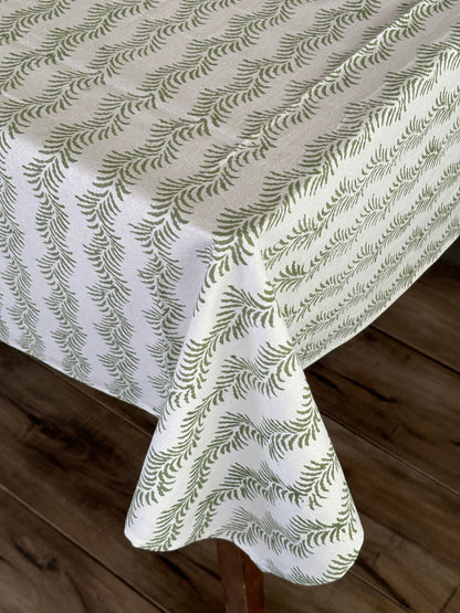 Cotton Block Print Tablecloth, Green, Handmade Vintage Tablecloth, Floral French Table Cover