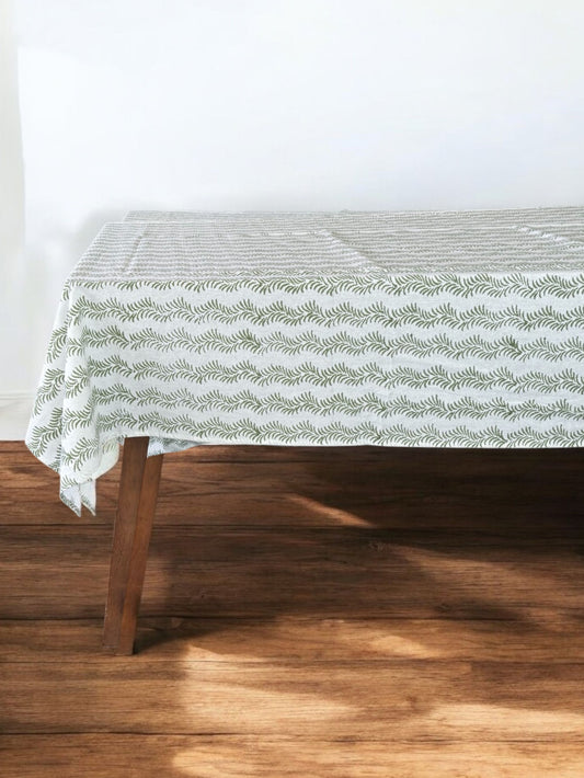Cotton Block Print Tablecloth, Green, Handmade Vintage Tablecloth, Floral French Table Cover