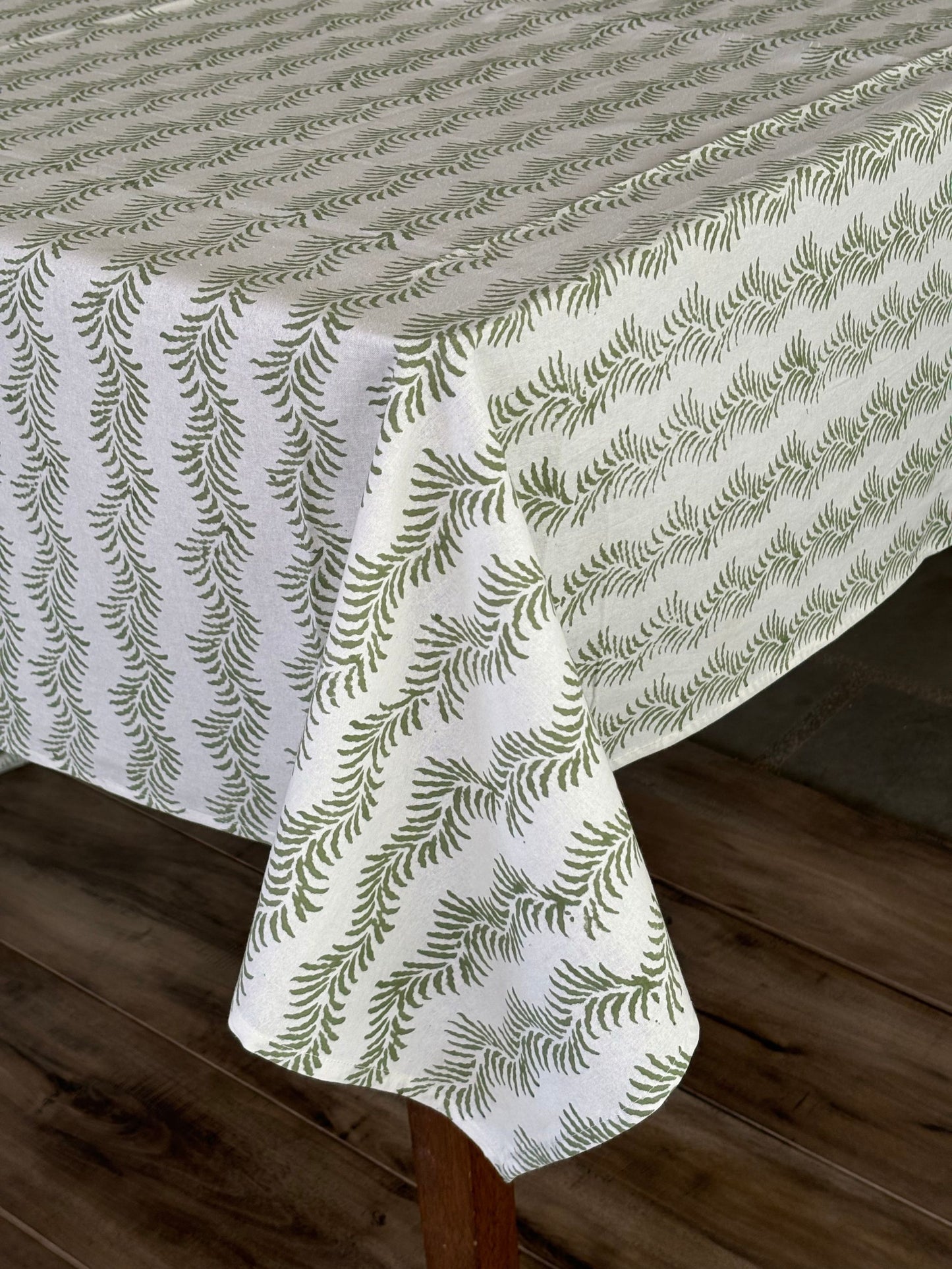 Cotton Block Print Tablecloth, Green, Handmade Vintage Tablecloth, Floral French Table Cover