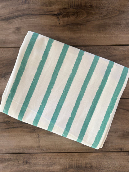 Striped Cotton Tablecloth, Green and White Pattern, Rectangular Dining Table Cover