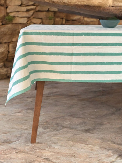 Striped Cotton Tablecloth, Green and White Pattern, Rectangular Dining Table Cover
