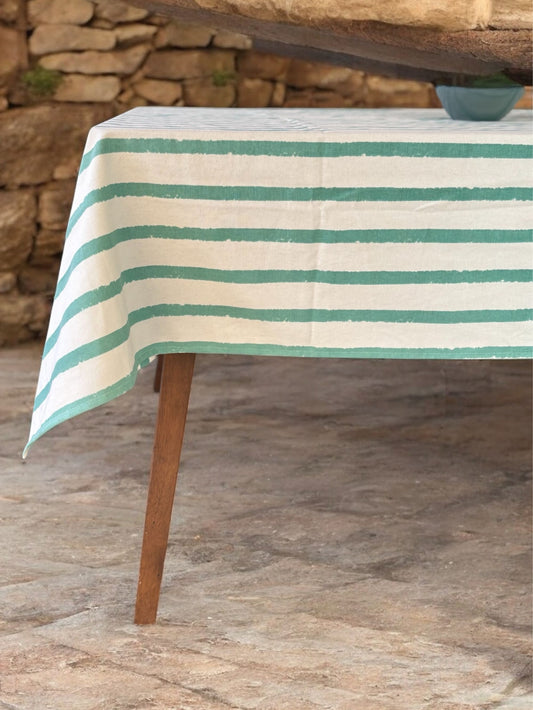 Striped Cotton Tablecloth, Green and White Pattern, Rectangular Dining Table Cover