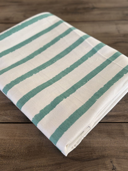 Striped Cotton Tablecloth, Green and White Pattern, Rectangular Dining Table Cover