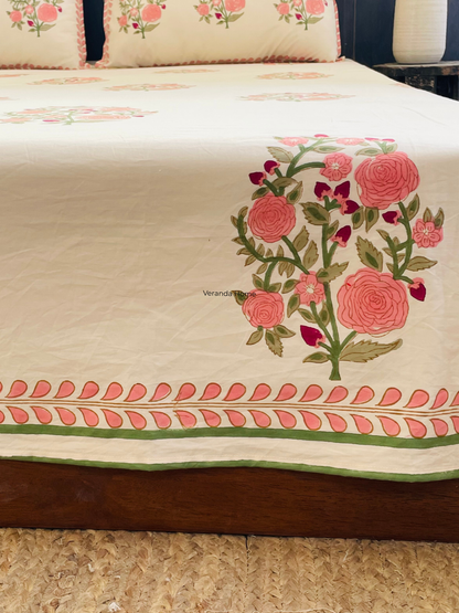 Coral Gardn Bloom Block Print Cotton Bedsheet