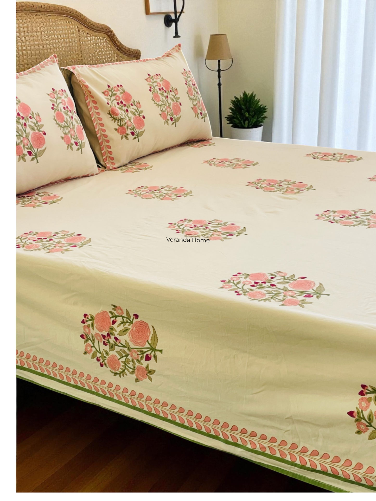 Coral Gardn Bloom Block Print Cotton Bedsheet