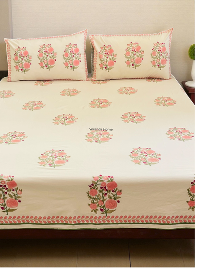 Coral Gardn Bloom Block Print Cotton Bedsheet