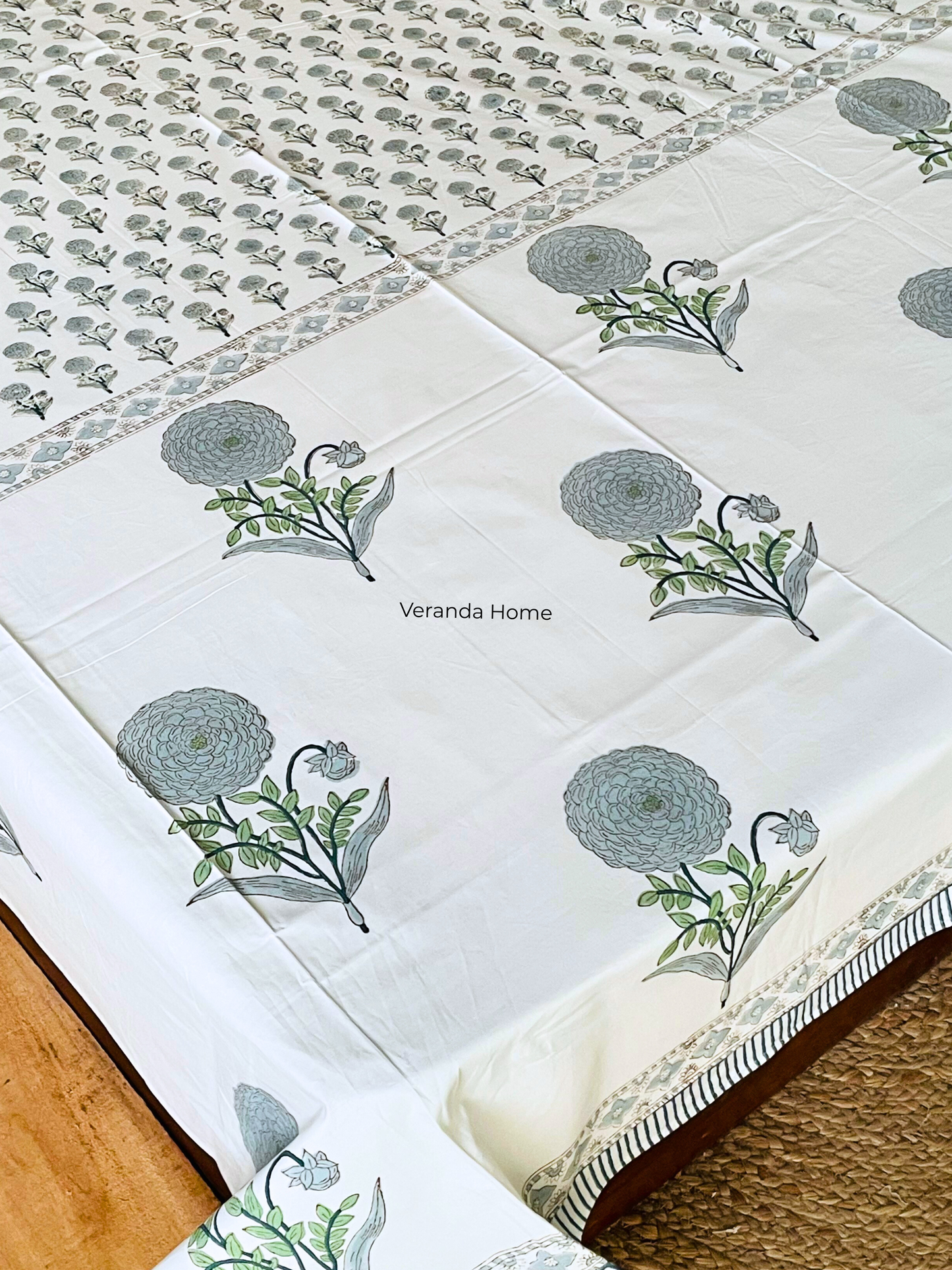 Green Marigold Block Print Cotton Bedsheet