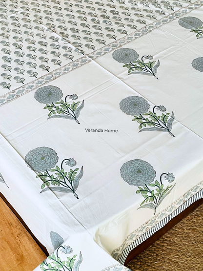 Green Marigold Block Print Cotton Bedsheet
