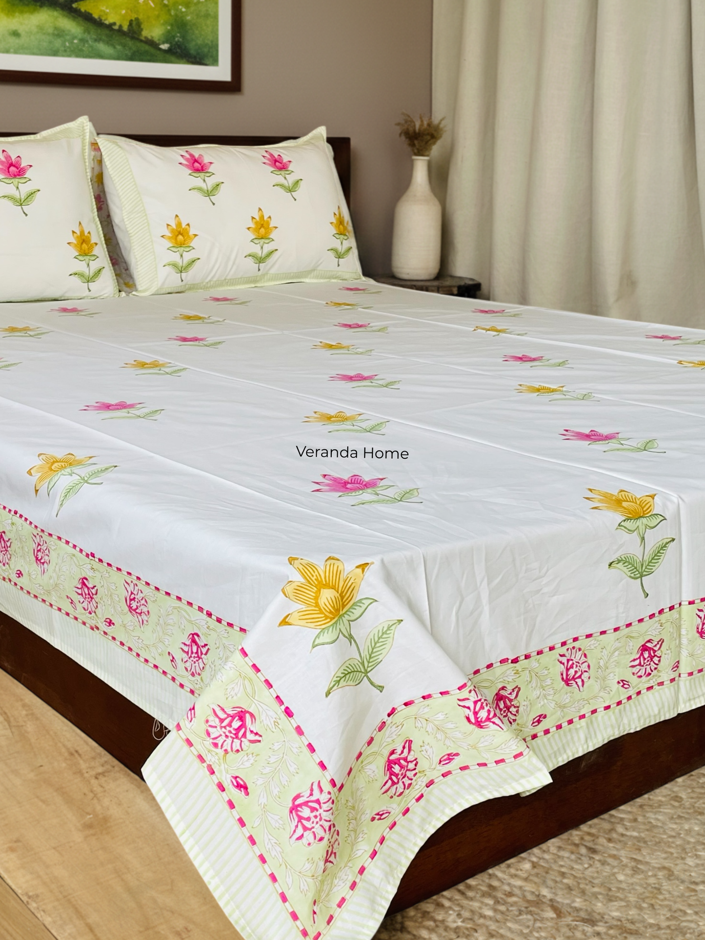Jaipuri Lotus Block Print Cotton Bedsheet