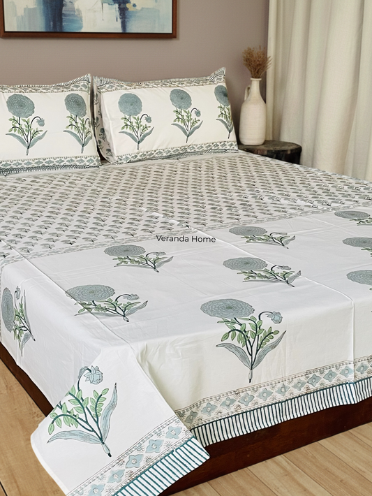 Green Marigold Block Print Cotton Bedsheet