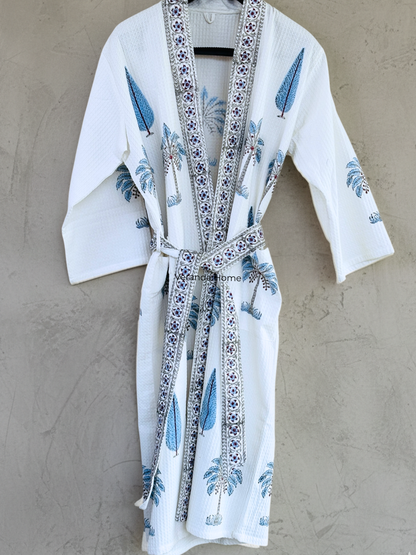 Palm Floral Block Print waffle Bathrobe