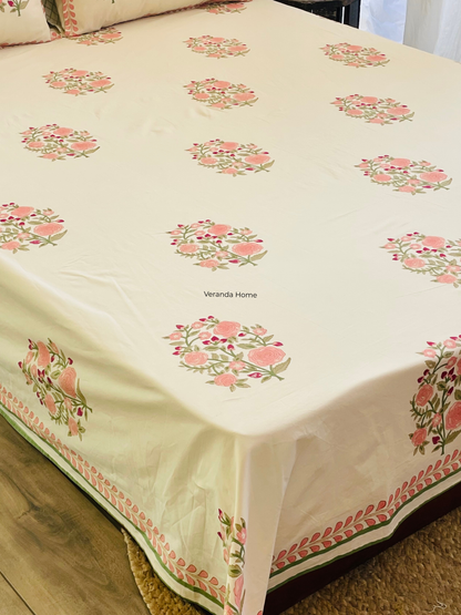 Coral Gardn Bloom Block Print Cotton Bedsheet