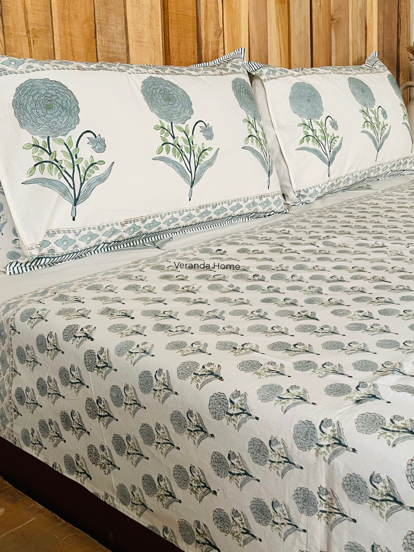 Green Marigold Block Print Cotton Bedsheet