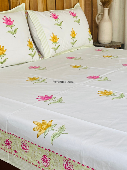 Jaipuri Lotus Block Print Cotton Bedsheet