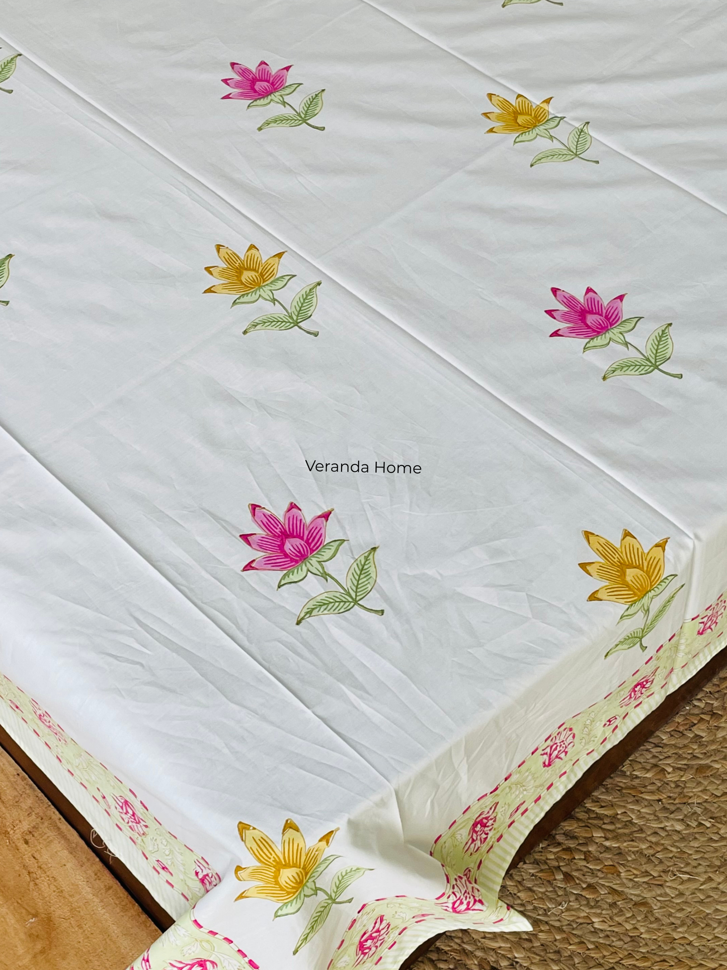 Jaipuri Lotus Block Print Cotton Bedsheet