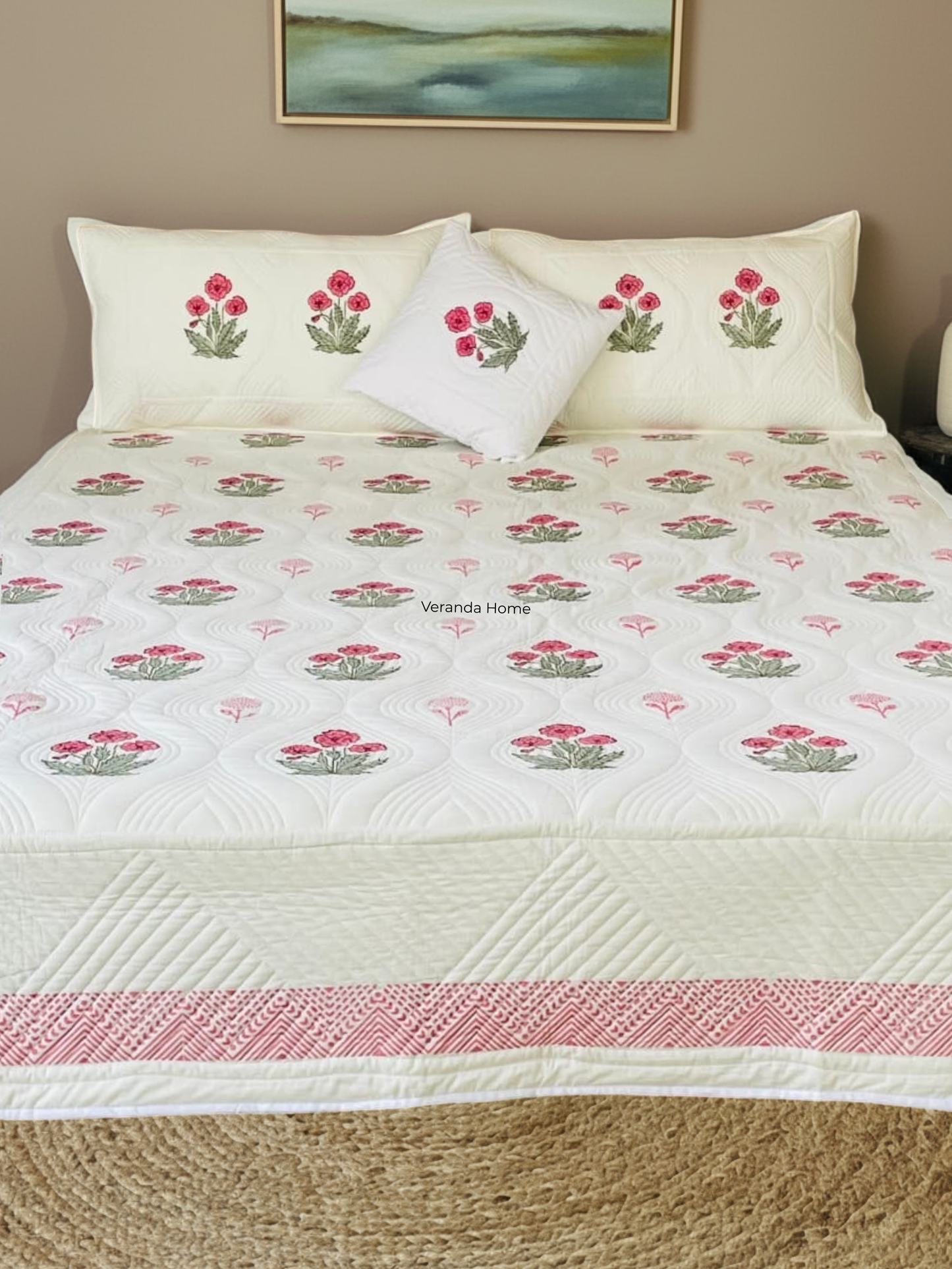 Rose Print Cotton Quilted Bedcover