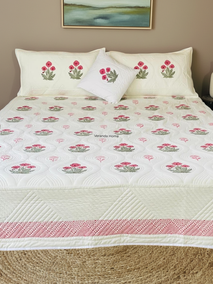 Rose Print Cotton Quilted Bedcover