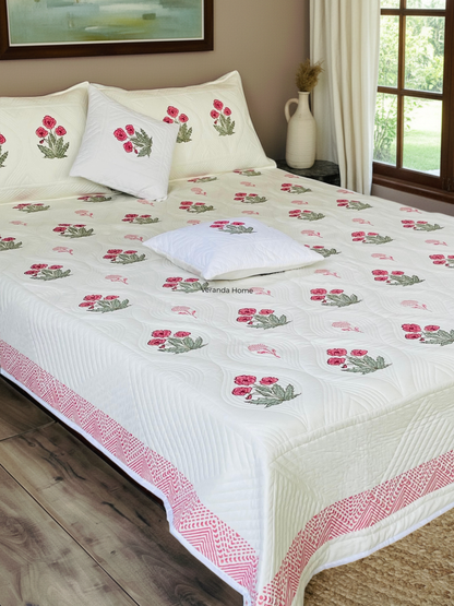 Rose Print Cotton Quilted Bedcover
