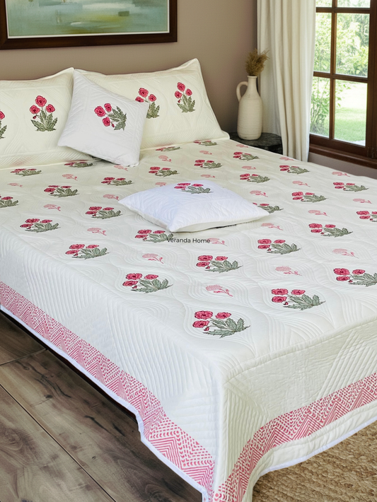 Rose Print Cotton Quilted Bedcover