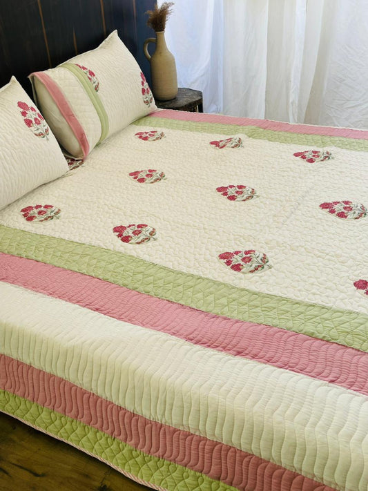 "Gulab Bageecha Patti Embroidery Quilted Bedcover
