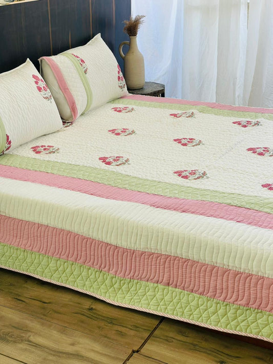 "Gulab Bageecha Patti Embroidery Quilted Bedcover