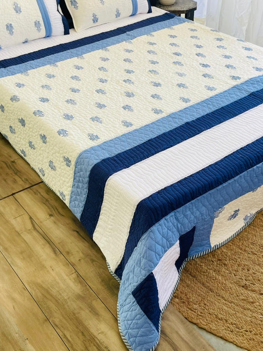 "Neela Hathi Booti Embroidery Quilted Bedcover