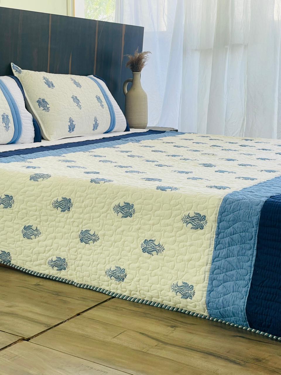 "Neela Hathi Booti Embroidery Quilted Bedcover