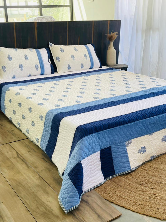 "Neela Hathi Booti Embroidery Quilted Bedcover
