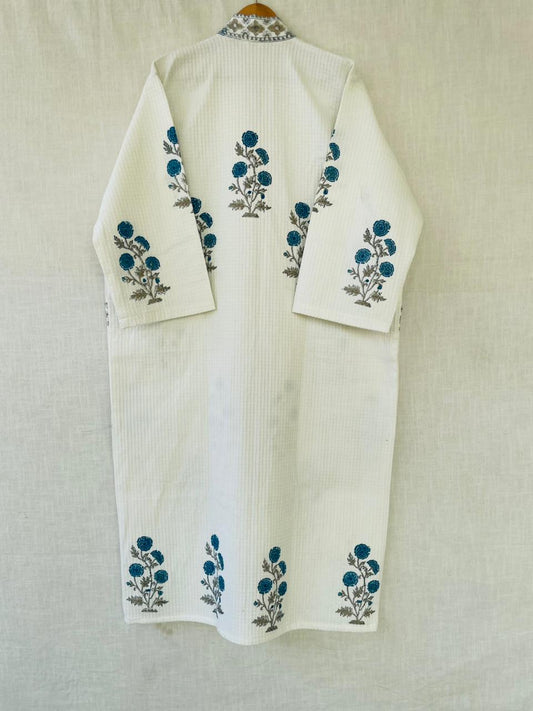 Deep Blue Floral Block Print Bathrobe