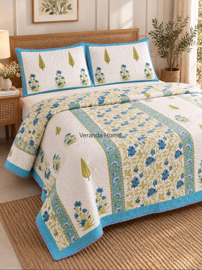 Firozi Saru Reversible Block Printed Mulmul Bedcover