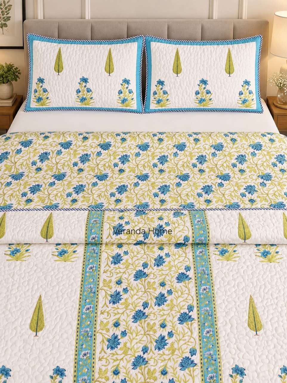 Firozi Saru Reversible Block Printed Mulmul Bedcover