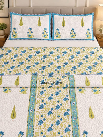 Firozi Saru Reversible Block Printed Mulmul Bedcover
