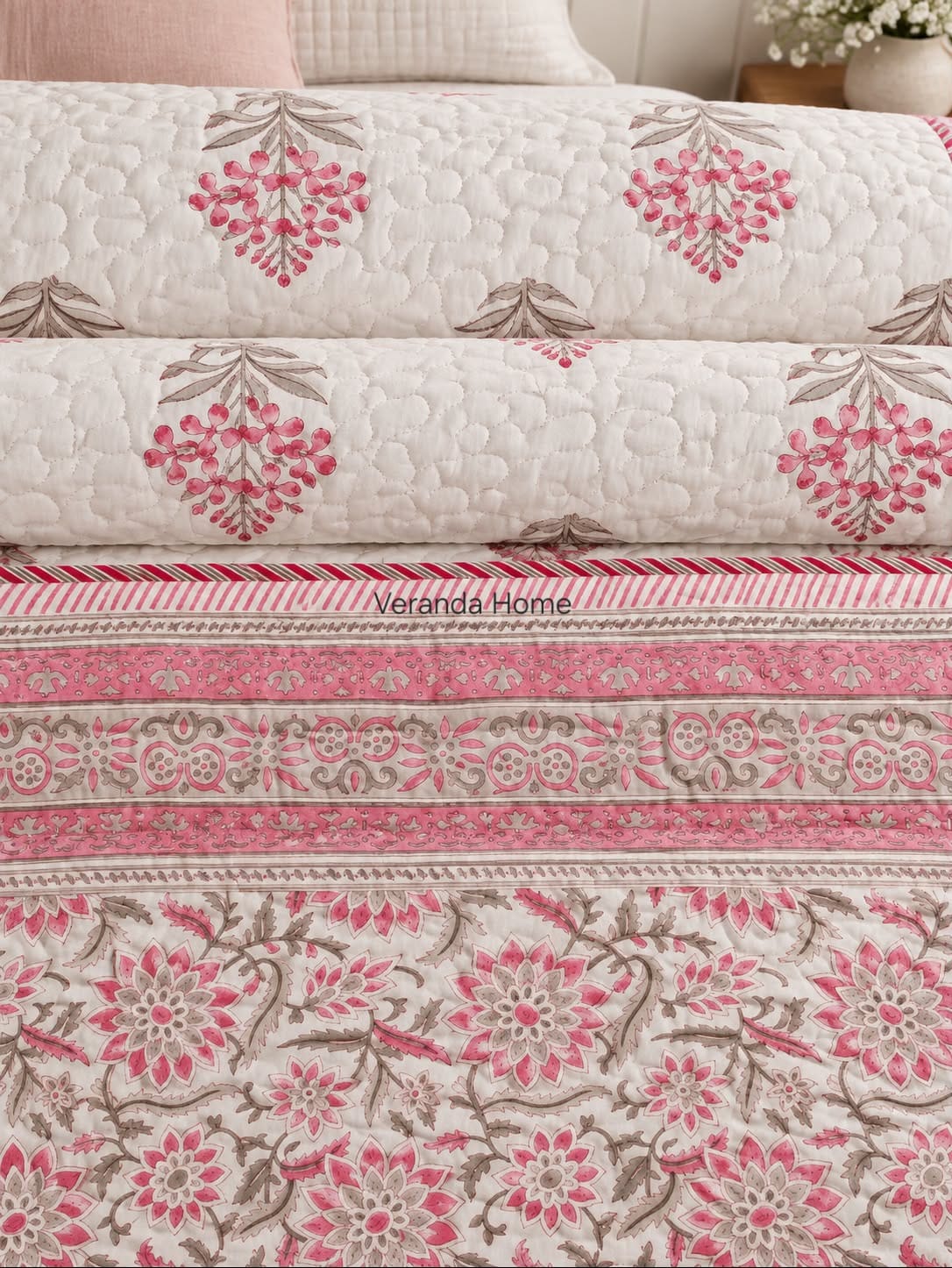 Nazakat Butta Reversible Block Printed Quilted Bedcover