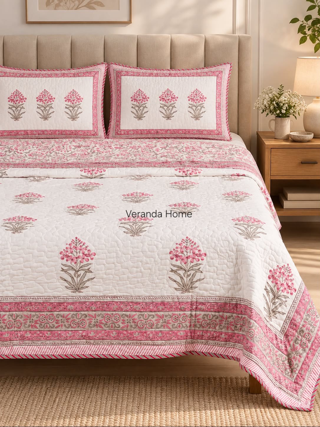 Nazakat Butta Reversible Block Printed Quilted Bedcover