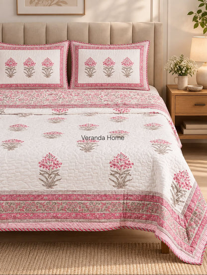 Nazakat Butta Reversible Block Printed Quilted Bedcover