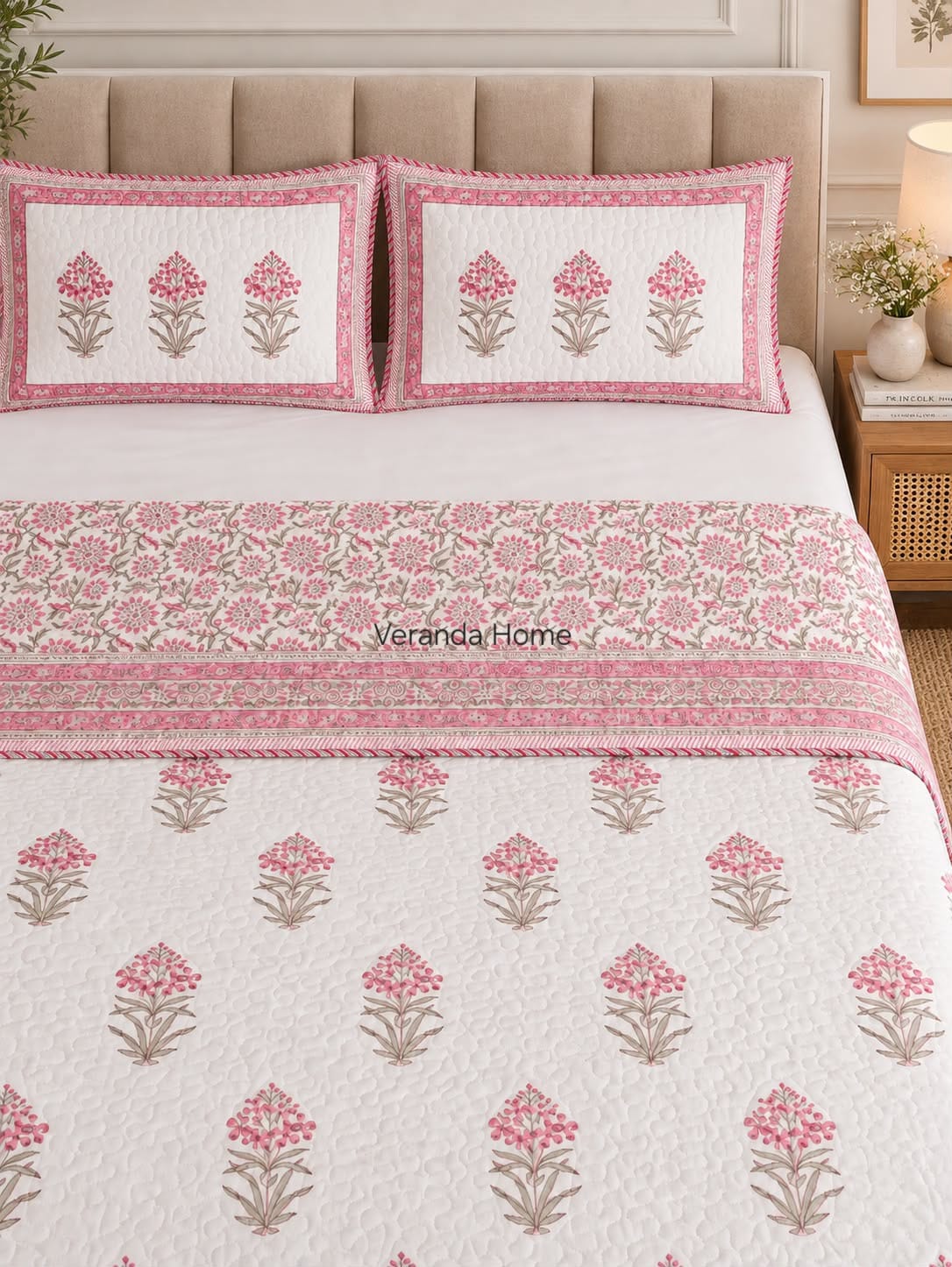 Nazakat Butta Reversible Block Printed Quilted Bedcover