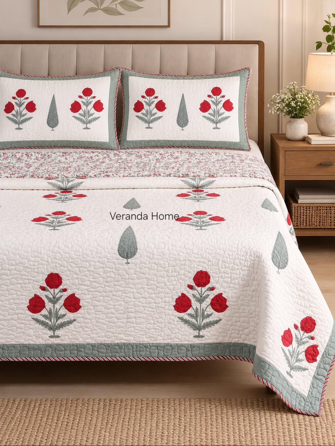 Red Poppy Reversible Block Printed Quilted Bedcover